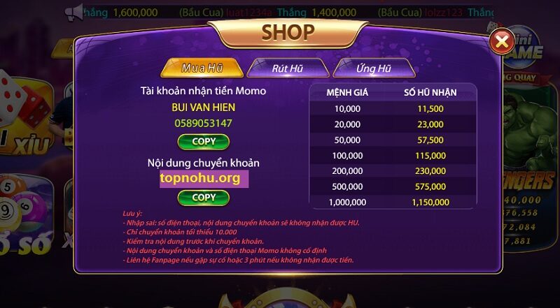 Nạp tiền vào tài khoản nổ hũ Huto nhanh chóng qua cổng Momo